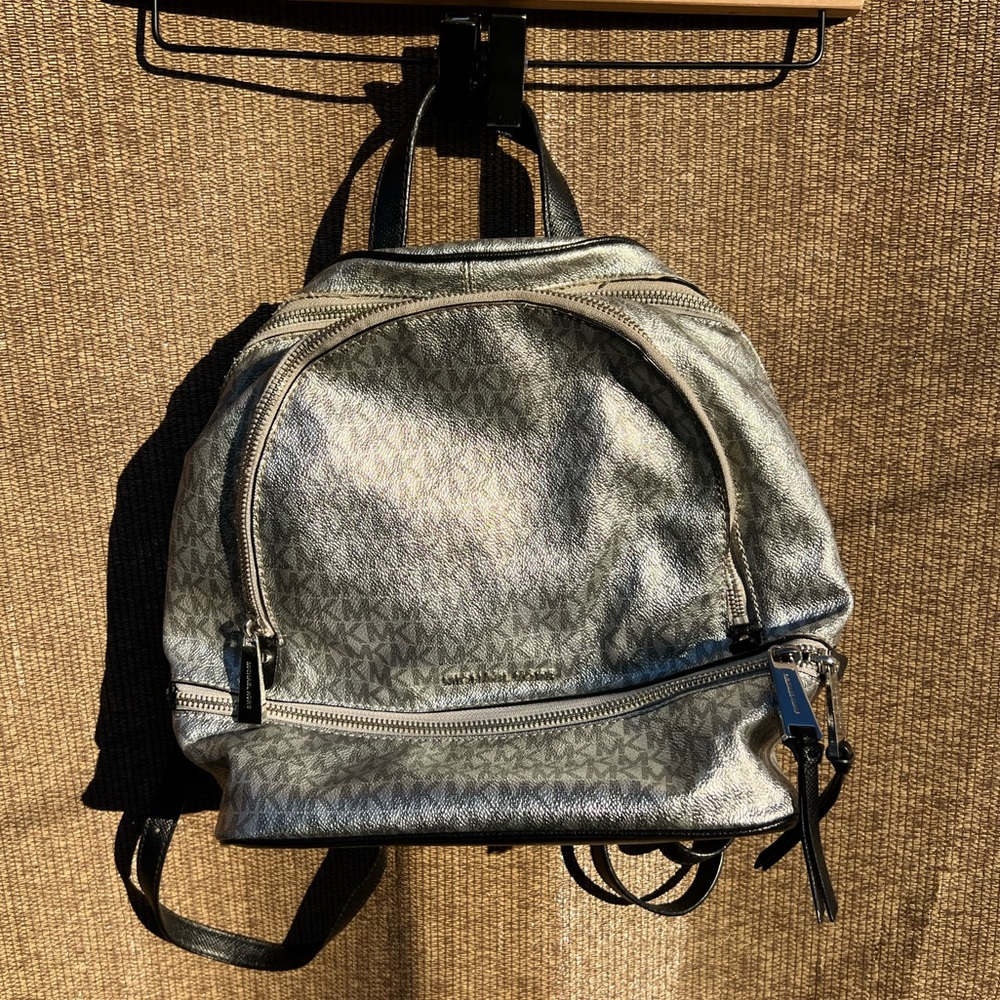 Michael Kors Mini Backpack MK Signature Women’s Leather Black Metallic Silver